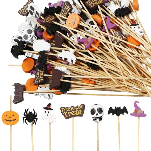 100Pcs Halloween Cocktail Sticks, 12cm Wooden Cocktail Sticks, Wooden Skewers with Ghosts Witch Hats Pumpkin Ornament, Party Toothpicks for Appetizers, Halloween Food Decoration
