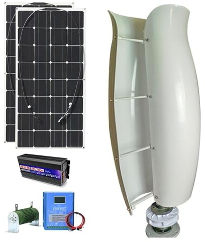 Kit de generador eólico de 3 kW, 12 V, 24 V y 48 V, con energía libre, aerogenerador de eje vertical + 2 paneles fotovoltaicos de 100 W + inversor de 3000 W, sistema híbrido eólico-solar (blanco, 24 V