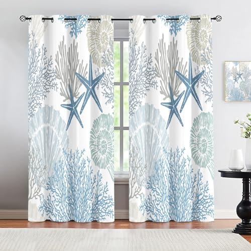 VELOMEA Coastal Beach Seestern Muschel Vorhänge fürs Wohnzimmer & Schlafzimmer – Nautische Ozean-Grommet Blackout Schlaufenschals, Tropisches Meer-Motiv, 2 Paneele 107×114 cm