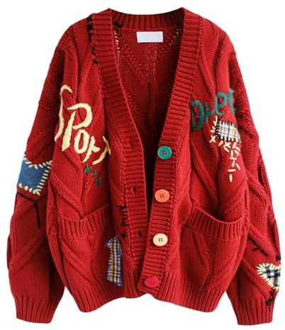 Cardigans for Women UK, Loose Fit V Neck Button Down Chunky Cable Knit Sweater Cardigan with Pockets, Colourful Embroidery Ladies Knitwear for Autumn Winter Everyday