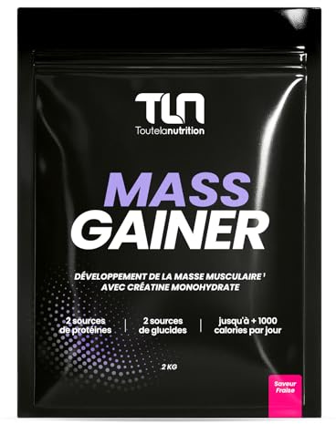 MASS GAINER | Gainer Prise de Masse Musculation | Créatine | +1200 kcal par jour | Protéines Whey & Caséine + Glucides Avoine & Maltodextrine + MCT | 20 Portions par Doypack de 2 kg | Fraise | TLN