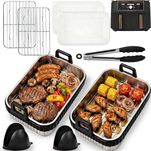 Air Fryer Liners Set（9-10L）for Ninja Dual Zone AF400UKCP/DZ400UK BPA-free | Reusable Stainless Steel Air fryer Tray for KEPLIN,TOWER,COSORI,And Other Dual Zone Air Fryers Dishwasher Safe