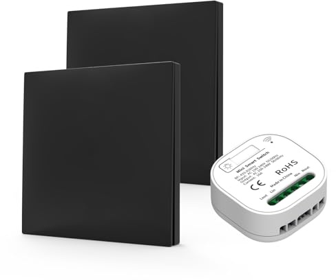 LAXYLS Interupteur Sans Fil, Interrupteur d'éclairage Sans Fil Sans Pile 230 V avec Récepteur AC 100-240 V 10 A RF433 va et Vient Sans Fil Kit (Noir 2 commutateur + 1 kit récepteur)