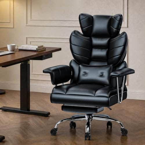 naspaluro High Back PU Leather Ergonomic Computer Recliner, Big Tall Executive Desk Office Chair with Armrests/Footrest, Comfy Heavy Duty Swivel Study Chairs, Adjustable Home Office Black Work Chair