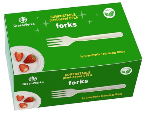 GreenWorks Heavy-duty Compostable Forks, BPI Certified 100 Count Large Disposable Cutlery Utensils Silverware Flatware Fork