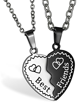 JewelryWe BFF Halskette Herz Freundschaftskette: 2 Stück Edelstahl Beste Freunde Ketten Partnerketten mit Best Friends Gravur Herz Anhänger Geburtstag Geschenke für Damen Mädchen Schwarz Silber
