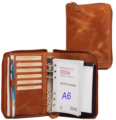 ALMADIH Leder A6 Organizer mit Reißverschluss Kalender 2026 Notizblock Premium Rindsleder Braun Deluxe Geschenkbox Ledermappe Mappe Schreibmappe Terminplaner Terminkalender Aktenmappe (A6-O-BD)