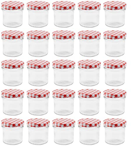 WELLGRO® Einmachgläser mit Schraubdeckel - 72 ml, 5,5 x 5,5 cm (ØxH), Glas/Metall, rot karierte Deckel, Gläser Made in Germany, verschiedene Mengen wählbar, Stückzahl:25 Stück