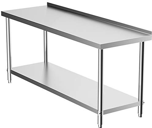 FIDOOVIVIA Stainless Steel Kitchen Catering Table Heavy Duty Work Bench Food Prep Workbench Dining Table Double Layer with 3.5CM Worktop Backsplash 180 x 60 x 80CM