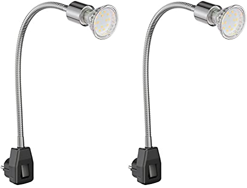 ledscom.de 2 Stück Steckdosenlampe LESCH Leselampe Schwanenhals, Schalter, chrom/schwarz + LED Lampe 227lm warm-weiß