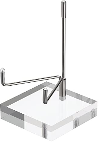 BTSKY Cavalletto per espositore con braccio in metallo argento regolabile di medie dimensioni con base quadrata in acrilico, espositore per monete in corallo fossile agata minerale roccia geodi