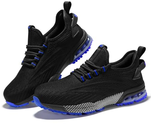 SPIEZ Safety Trainers for Men Women, Air Cushion Composite Toe Work Trainers, Lightweight Breathable Non Steel Toe Shoes Black Blue/Black Yellow UK3-11.5
