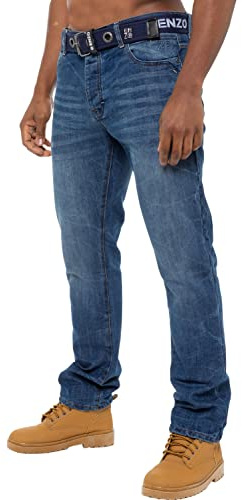 989Zé ENZO Mens Straight Leg Jeans Trousers Regular Fit Denim Pants Free Belt EZ384 Blue 30W / 32L