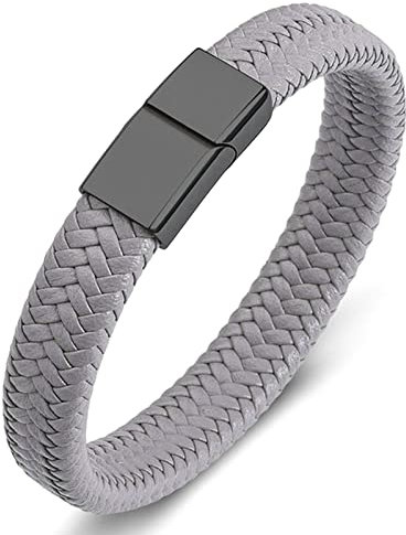Ayoiow Männer Armband Indianer, Metall Armband Männer Armband Leder Herren Grau Geflochten Armband mit Schwarz Schnalle