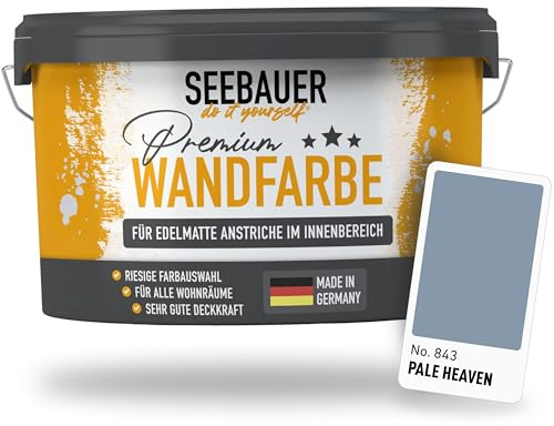 SEEBAUER diy Wandfarbe Blau 5L für Innen (No. 843 Pale Heaven) Edelmatte Innenfarbe Blau Lila - Blautöne sehr hohe Deckkraft - Matt, Abwaschbar und Tropffrei