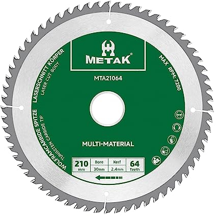 METAK - Lama per sega circolare da 210 x 30 mm, a 64 denti, in metallo duro, multimateriale, 210 x 30 mm, ideale per legno, laminato, MDF, plastica, alluminio e rame, compatibile