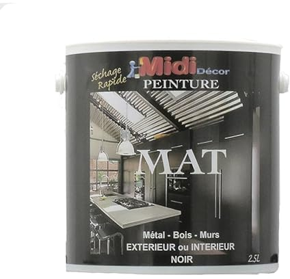 Midi Decor Peinture noire acrylique pour métal, bois, maçonnerie et béton pour l'extérieur et l'intérieur - séchage rapide 2.5L - 30m²