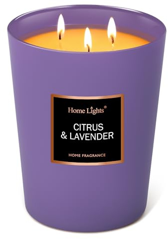 HomeLights Duftkerzen, 944 g, großes Glas, natürliche Soja-Kerzen, 3 Baumwolldochte, rauchfrei, langlebig, 130 Stunden, Aromatherapie-Kerze, Geschenk für Frauen und Männer (Zitrus & Lavendel)