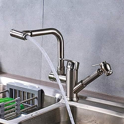 Küchenarmaturen, Wasserhahn, gebürstetes Nickel, Küchenarmaturen aus Messing mit zwei Ausläufen, herausziehbare Brause für heißes und kaltes Wasser, Waschbecken-Mischbatterie, Einhebelmischer, 360°