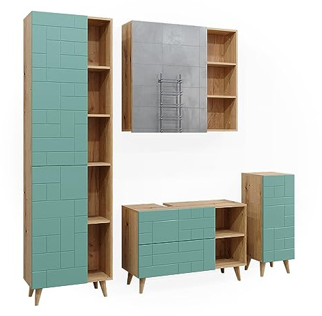 Vicco Conjunto de Muebles de baño RUDI, Verde Menta, 90 cm, Compuesto por Mueble bajo Lavabo, Espejo, Columna Alta y Columna Media