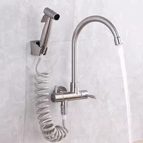 Wasserhahn Küche Wandmontage Kaltwasser Mit Spritzpistole Küchenarmatur Edelstahl Gebürstet Spültischarmatur-C