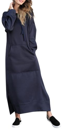 Minetom Hoodie Damen Kapuzenpullover Herbst Winter Warm Sweatshirtkleid Langarm Sweatshirt Pullover Casual Langes Maxi Kleid mit Taschen A Blau XXL