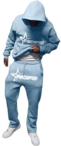 Trainingsanzug Herren Y2K Hoodie Jogginghose Set Jogginganzug Tracksuit Männer Sportanzüge Kapuzenpullover+Sporthose Laufanzug Pullover Sport Jogging Gym Warm Streetwear Hellblau M