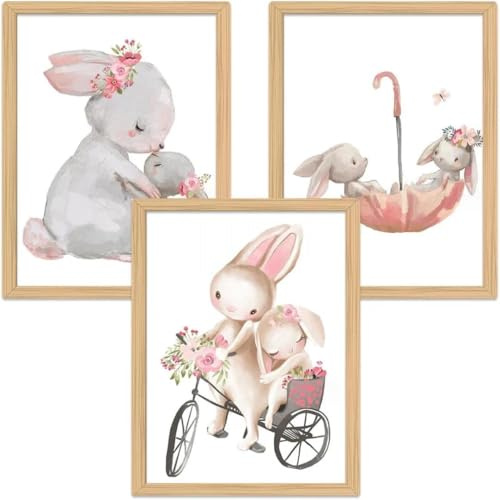 Zamety Set of 3 Cartoon Nursery Prints, A4 Kids Wall Art, Cute Rabbit Kids Posters for Boy Girl Baby Room, Bedroom or Playroom, without Frame, 21x30cm
