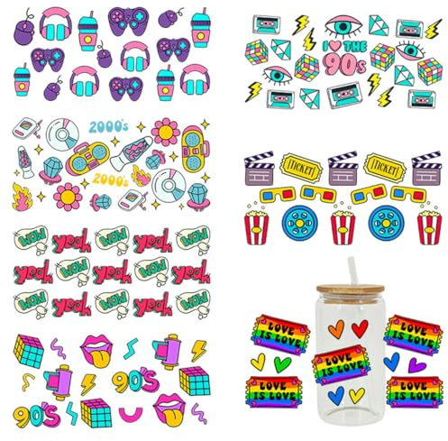 Zayookey 7 Blätter UV DTF Transfer Aufkleber Retro Tasse Wrap Transfer Sticker Transfer Decals Wasserfeste Rub on Transferaufkleber Becher Wickeln Transfers Sticker für Glas Tassen