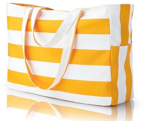 Iioscre Beach Bag for Women, Causal Hobo Pool Bags with Zipper Inner Pocket, Foldable Swim Tote Bag for Vacation Essentials Yellow