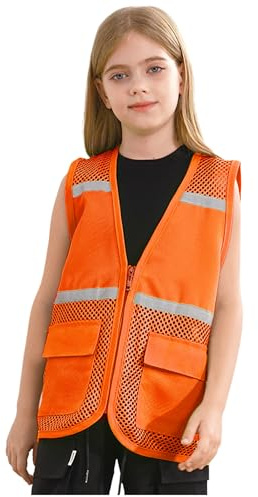 Kvysinly Chaleco de seguridad para niños y niñas, sin mangas, con rayas reflectantes, chaleco de trabajo, naranja, 146-152