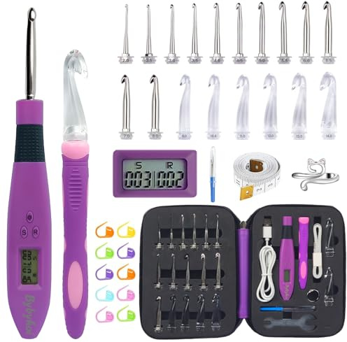 Beleuchtete Häkelnadeln Set-18 Größen Digitale Häkelnadeln mit Zähler 2,0~14,0mm, Ergonomische Häkelnadeln Beleuchtete Häkelnadeln für Stich- und Reihenzählung