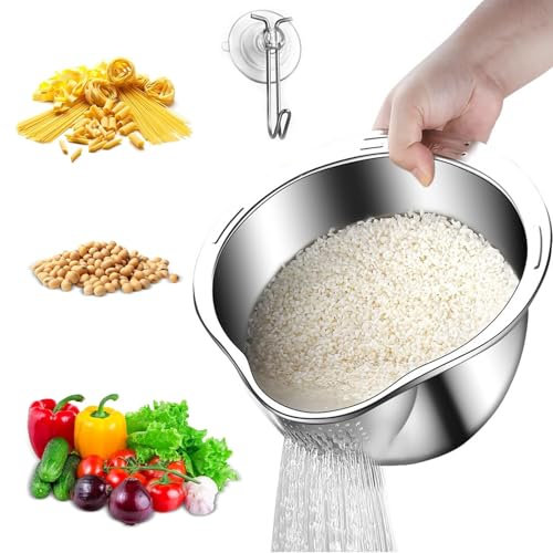 Lavado Arroz Acero Inoxidable, Cuenco Colador para Lavadora de Arroz, Arroz Lavado Bol, Colador de Cocina de Cocinero, para Quinoa, Pasta, Fruta, Verduras, Lentejas, Alubias, Cereales