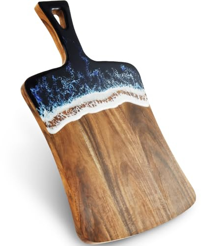 MENIBBLER Wood and Epoxy Resin Cutting Board with Handle, Safe Charcuterie Board Decorative Chopping Board Personalized Serving Board Unique Cheese Board for Meal Vegetables and Cheese