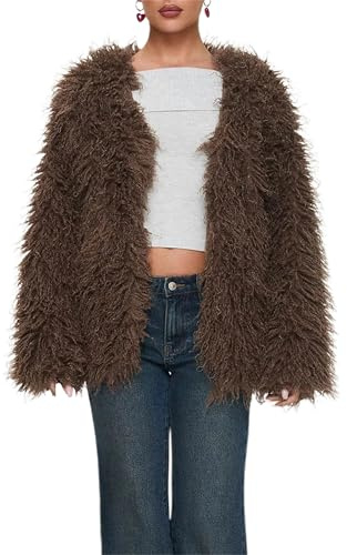 SANSIWU Damen Kunstfelljacke mit Taschen, langärmelig, Revers, flauschig, übergroß, Lammfell-Wintermantel, einfarbig, Jacken, Kurzmantel
