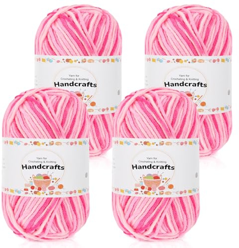 Aeelike 200g(4x50g) Farbverlauf Baumwolle zum Stricken, Langlebige Amigurumi-Set Acryl Baumwollgarn, 5Ply Garn zum Häkeln für Socken, Mützen, Schals, Pullover, Puppen, Rosa