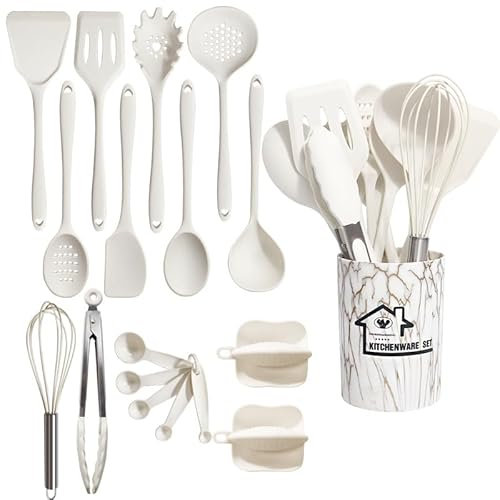 18 Pezzi Utensili da Cucina,Utensili da Cucina in Silicone,Silicona Resistente a Altas Temperaturas y al Calor, Antiarañazos, con Cubo de Almacenamiento para Utensilios de Cocina (bianco)