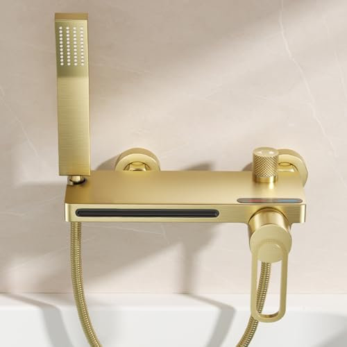 BiaoTeng Bath Taps with Mixer Shower Waterfall Single Handle Hot and Cold Brass Wall Mounted Bath Tap and Shower Mixer Set Brushed Gold