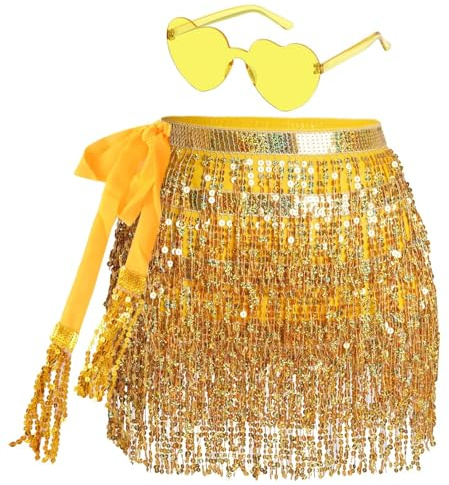 Gonna glitterata da donna con frange con occhiali hippie, mini gonna latina corta, costume da rava per donne e ragazze (DE/NL/SE/PL, alfanumerico, taglia unica, regolare, oro)