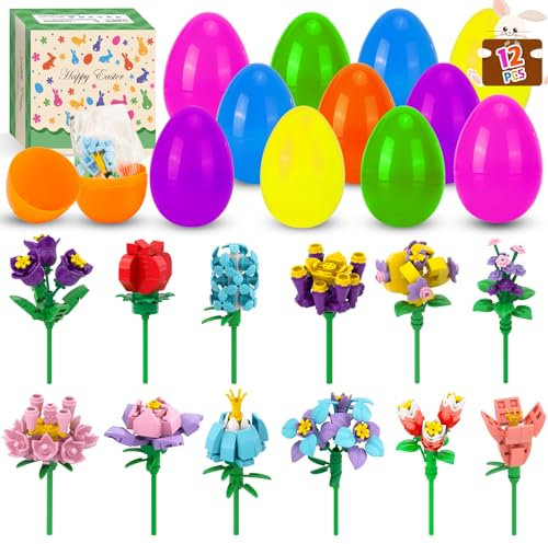 Ostergeschenke Kinder, 12 Stück Ostereier zum Befüllen mit Bausteinen für Blume, Plastik Ostereier Ideal für Osterkörbchen, Deko für Party & Klassenzimmer Perfekte Osteranreize für Jungen und Mädchen