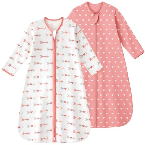 Yoofoss 2-pack baby sovsäck sommar 100 % bomull 0,5 tog sommarsovsäck med ärmar bärbar filt babysovsäck mjuk sovdräkt 90 cm för nyfödda småbarn 18–24 månader