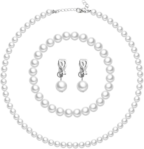 Aurelema 3 Pcs Faux Pearl Clip on Earring Necklace Bracelet 8 mm White