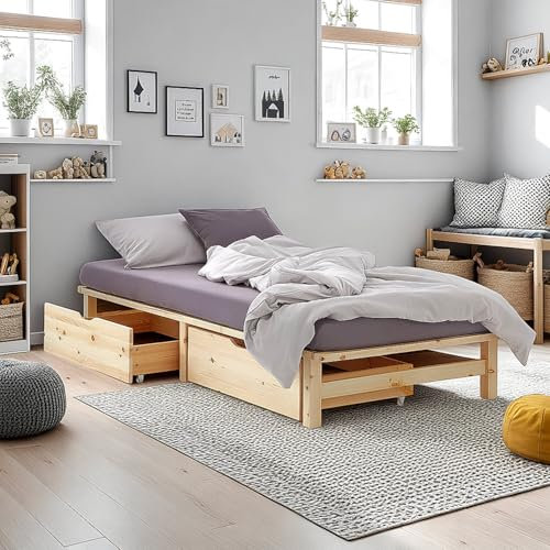 Homestyle4u Massivholzbett 100x200 mit Stauraum 2 Schubladen Palettenbett Holzbett Kiefer Natur Bettgestell mit Lattenrost