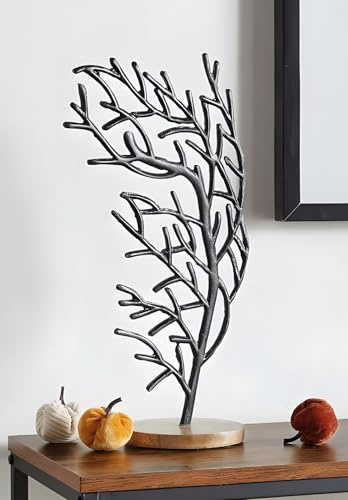 Dekoleidenschaft Dekobaum Stürmisch Baum aus Aluminiumguss, schwarz, Sockel aus Mango-Holz, 42 cm hoch, Dekofigur, Skulptur
