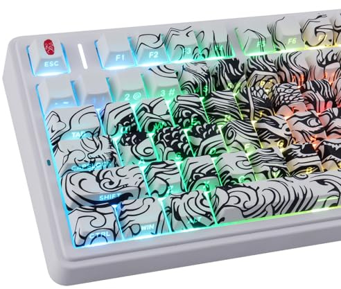 Sunzit PBT Keycaps,138 Keys White Cherry Profile Dye-Sub Keycap Set with 6.25u Spacebar,Dragon Pattern Custom Keycaps for MX Switches Mechanical Gaming Keyboard