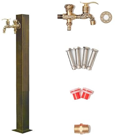 Fuente Columna de Agua Cuadrada Vertical Retro para Jardín, Grifo Anticongelante para Exteriores, 2 Grifos, Riego de Jardín y Riego(37in/95cm)
