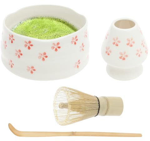 harupink Lot de 4 pièces pour matcha, fouet, bol à matcha, accessoires pour cuillère à matcha, thé matcha en céramique, pour débutants (blanc bleu)