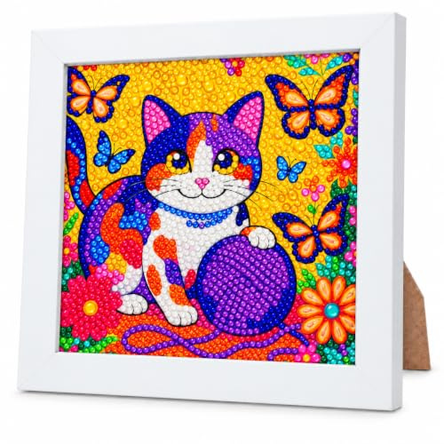 Myfort Diamond Art Kits for Kids with Wooden Frame, Cat,7*7 inch | Special-shaped gems for sparkling details; DIY mosaic crafts for girls and boys, birthday and Xmas gifts