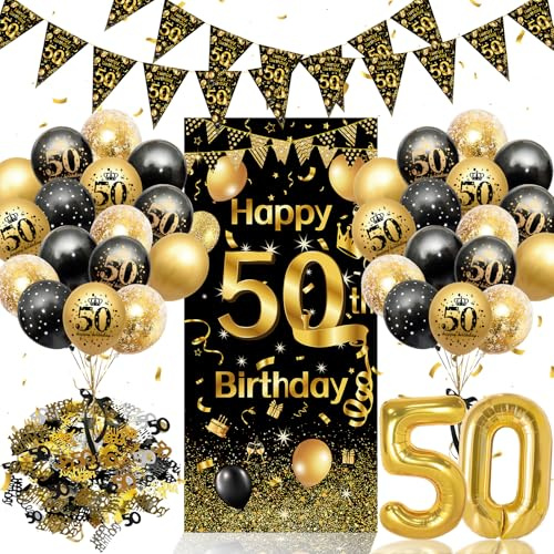 50. Geburtstag Deko Set Schwarz Gold - für Männer und Frauen | Komplette Dekoration XXL Hintergrundbanner, Zahlenluftballon 50, Dreiecksgirlande & Konfetti