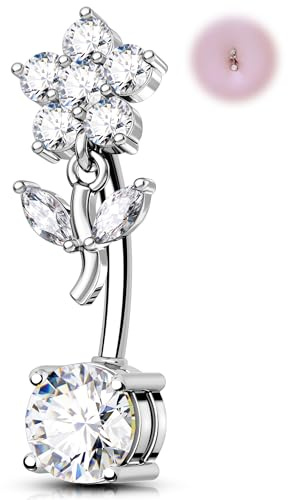 OUFER 14G Gold Reverse Belly Bar Surgical Steel 316L Dangle Flower Navel Ring Marquise CZ Clear 12 mm Vine Piercing Bananabells Silver Long Body Barbell Jewelry for Women